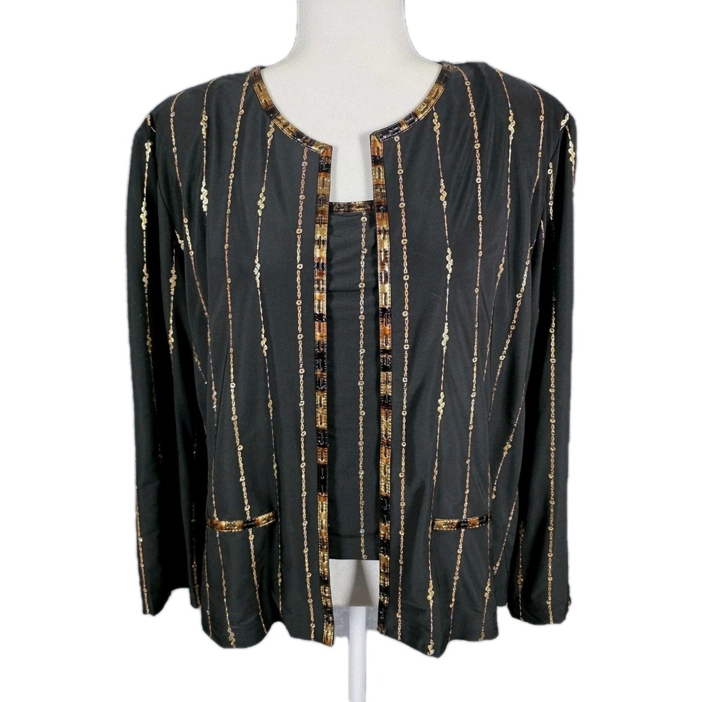 Vintage Joseph Ribkoff‎ Tank Jacket Set XL 2 Pc Black Gold Leopard Cami Cardigan